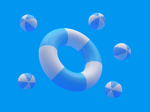 Lifebuoy and beach balls on blue. 3d illustration  - Zdjęcie, obraz
