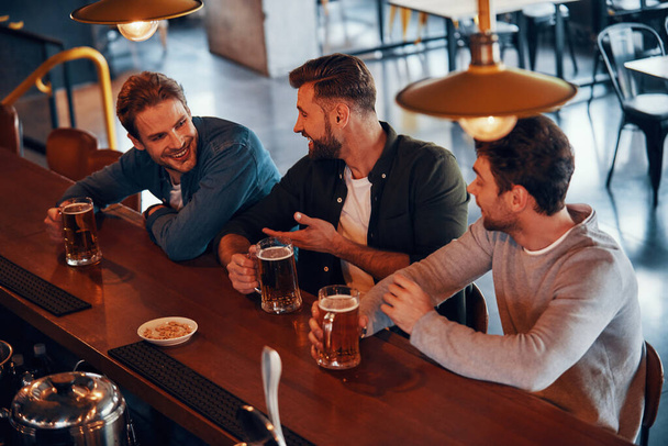 Top view of happy young men in casual clothing talking and enjoying beer - Foto, Imagem