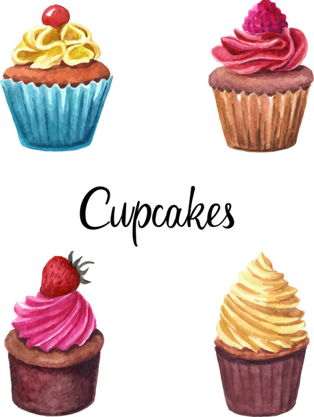  Set of delicious cupcakes with cream cap - Vektor, obrázek