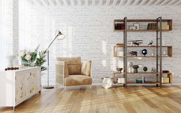 モダンな家具と居心地の良いリビングルームのインテリア、 3Dレンダリング - 写真・画像