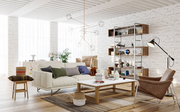 Sala de estar interior con paredes de brikc, 3d render - Foto, Imagen