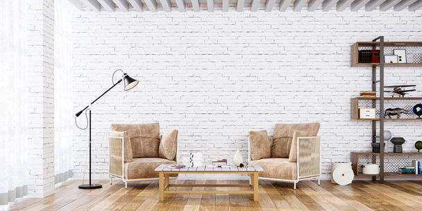 Wall mock up in white simple interior with armchairs and shelf, 3d render - Photo, Image