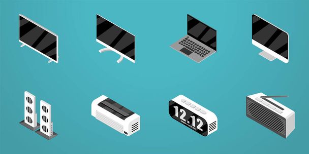 Sada izometrický design ikon pro elektronické, TV, Monitor, Desktop, Laptop, Sound Bar, AC, Rádio, Hodiny - Vektor, obrázek