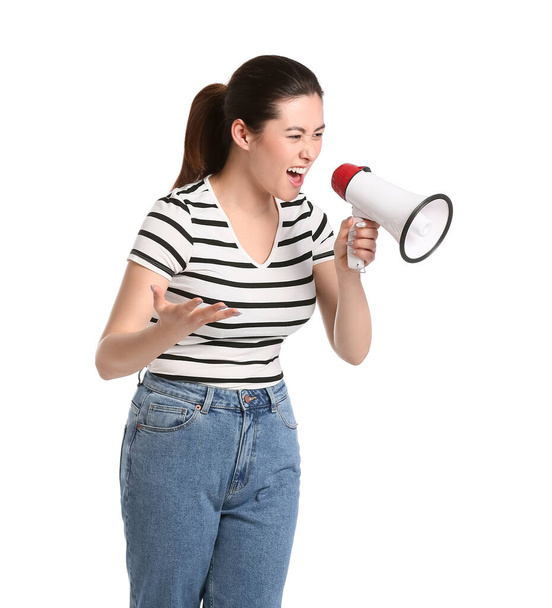 Angry young woman with megaphone on white background - Fotoğraf, Görsel