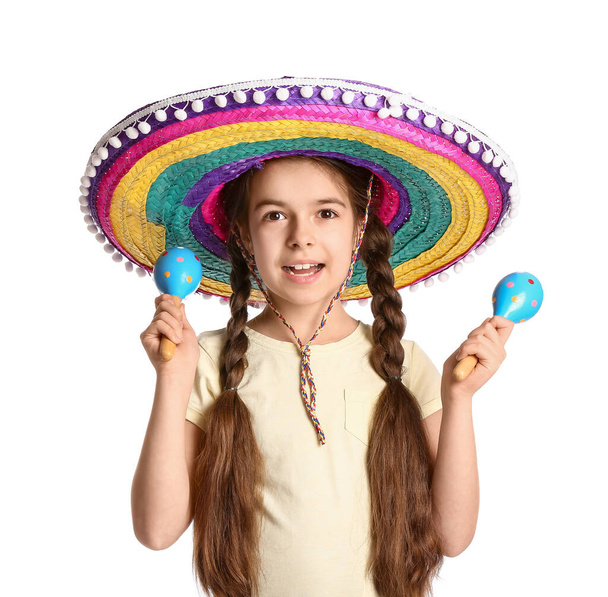 Cute Mexican girl in sombrero hat and with maracas on white background - Foto, Imagem