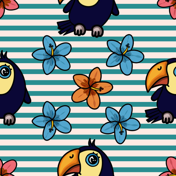 Toucan Hawaiian pattern. Cute Bird and hibiscus flower. Vector Seamless backgrounds. - Vector, Image