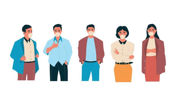 Happy people with mask. Men and women wear medical respirators. Protection against viruses. Students and colleagues set standing in various poses. Vector persons take care of health - Vector, Image