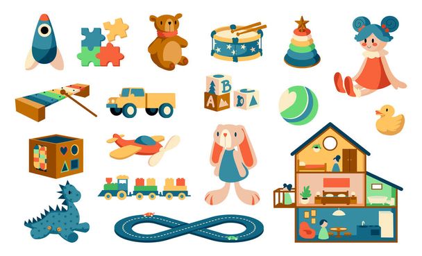 Zeichentrickspielzeug. Babys Objekte zum Spielen. Lernpuzzle und Puzzles für Kinder. Plüschtiere oder niedliches Puppenhaus. Musikinstrumente für Kinder. Vektor bunte Spielsachen Set - Vektor, Bild