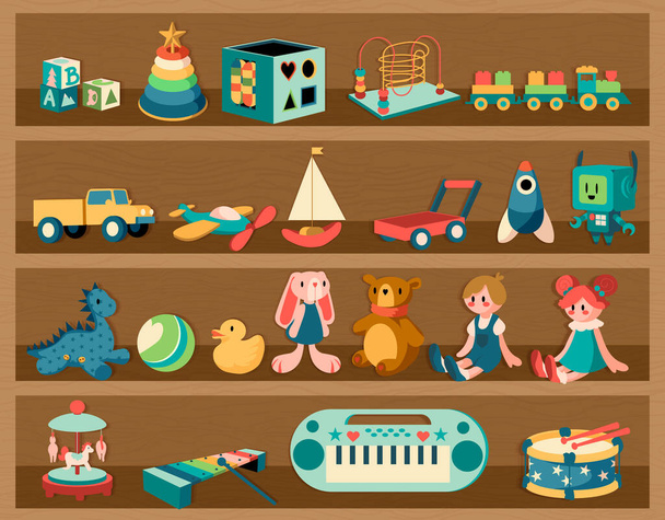 Toys on shelves. Cartoon wooden rack with dolls and musical instruments. Plush animals or transport. Educational jigsaw for children. Colorful rocket and automatic robot. Vector furniture - Vector, Image