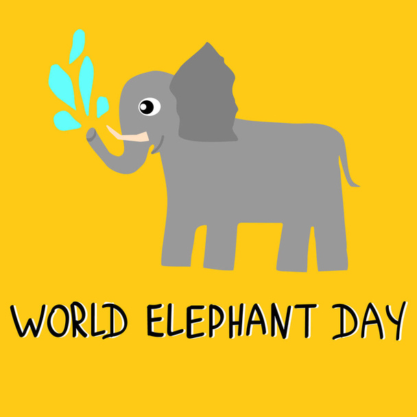 Illustrazione vettoriale con elefante grigio su sfondo arancione in stile bambino, immagine per la giornata internazionale degli elefanti con scritte, poster, biglietto di auguri, stampa per la protezione della fauna selvatica globale. - Vettoriali, immagini