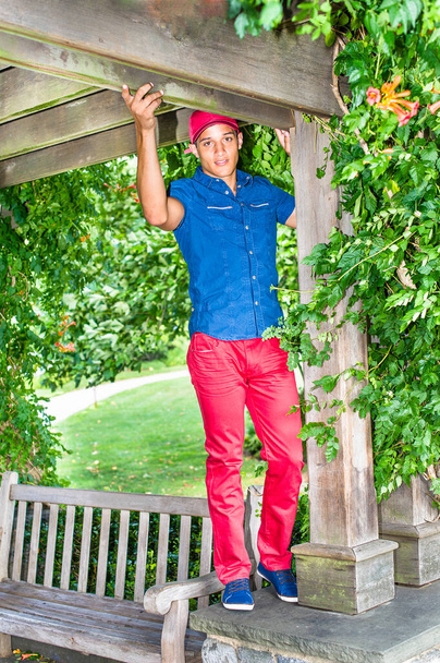 赤い野球帽、青い半袖シャツ、赤いパンツと青い靴、ハンサムな、魅力的な男が公園で遊んでいます. - 写真・画像