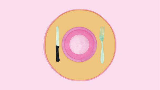 Vektor akvarell ikon illusztráció lemez kanállal és villával. Üres rózsaszín tányér, kés a bal oldalon, villa a jobb oldalon. Kép a közösségi hálózatok kiemeléséhez. - Vektor, kép