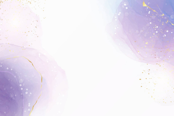 Abstract paarse vloeibare aquarel achtergrond met gouden vlek en lijnen. Violet geode hand getrokken stroom alcohol inkt effect. Vector illustratie ontwerp sjabloon voor bruiloft uitnodiging - Vector, afbeelding