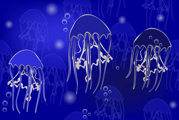 silvery jellyfish on dark blue background, seamless vector pattern - Vektor, kép