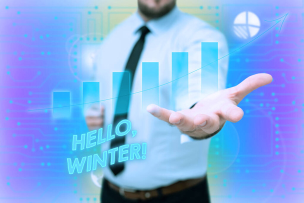 Концептуальний дисплей Hello, Winter. Привітання бізнес-ідеї використовується, коли прохолодний сезон року минає Джентельман Уніформа Постійний холдинг нових футуристичних технологій. - Фото, зображення