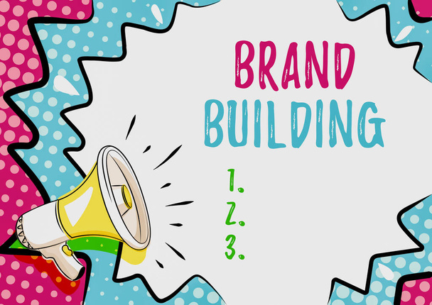 Podpis pokazujący Brand Building. Business showcase boosting customer s to wiedza o pewnej działalności Kolorowe wzornictwo Wyświetlanie ważnych wiadomości, streszczenie ogłaszanie wiadomości - Zdjęcie, obraz