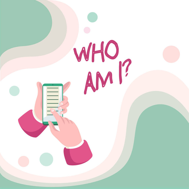 Szöveges felirat a Who Am I Question-ről. Üzleti koncepció az önazonosságról vagy egy egyéni életcélról Az üzenet online terjesztése, Globális kapcsolódási koncepciók - Fotó, kép