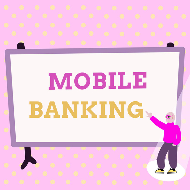 Текстовый знак "Мобильный банкинг". Бизнес-подход к созданию финансовых транзакций с использованием смартфона Красочный дизайн Отображение сообщения, резюме Обсуждение важных новостей - Фото, изображение
