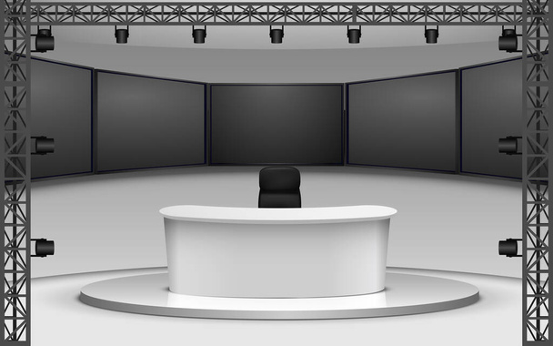tavolo bianco e sfondo LED in una sala news studio - Vettoriali, immagini