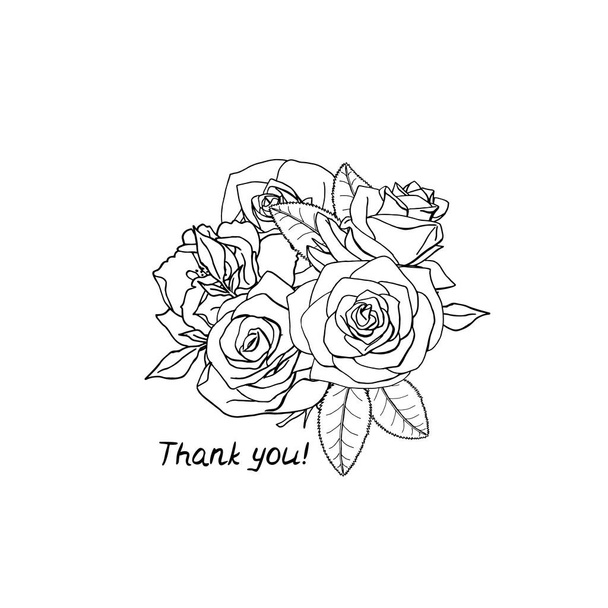 Line art illustration of hand drawn rose flowers bouquet with lettering text thank you. - Vector, Image