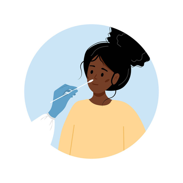Africká žena dělá PCR test. Laboratorní analýza nosních výtěrů. Covid-19 Coronavirus testing. Doktor si vezme tampon. Vektorová ilustrace v plochém kresleném stylu - Vektor, obrázek
