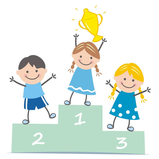 winning team,vector illustration, group of children with cup, blue dress, color picture on white background - Vetor, Imagem