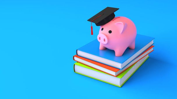 Piggy bank in een afgestudeerde hoed op de boeken. Concept van sparen voor onderwijs, dure universiteit. 3d renderen - Foto, afbeelding