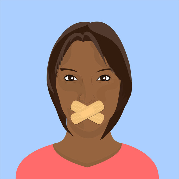 Young person with mouth sealed with crossed sticking plasters. Censorship concept. - Vector, Image