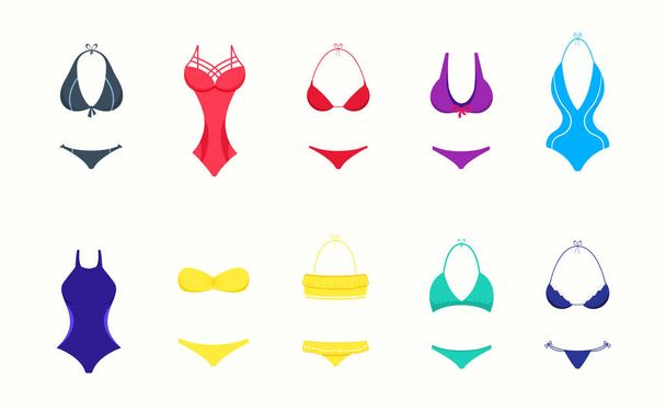 Summer beach swimsuit set. Colorful swimsuit. On a white background. Women's beach swimsuit. Vector illustration in cartoon style - Vector, Image