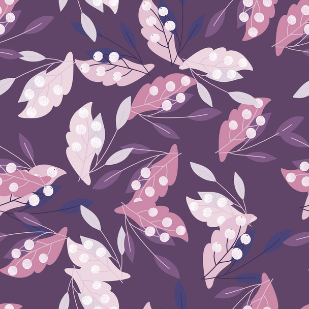 Decorative seamless pattern with random rowan berries and leaves ornament. Purple background. Simple style. Designed for fabric design, textile print, wrapping, cover. Vector illustration. - Vector, Image