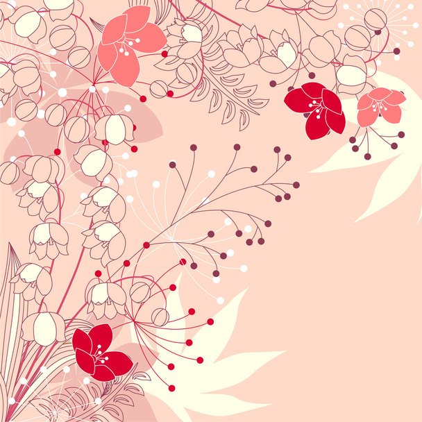 Pink floral background with contour flowers and plants - Вектор, зображення