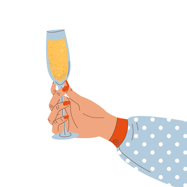 Een vrouwenhand houdt een glas champagne vast. Zijaanzicht. Het concept van een vrouwenvakantie. Vector. - Vector, afbeelding