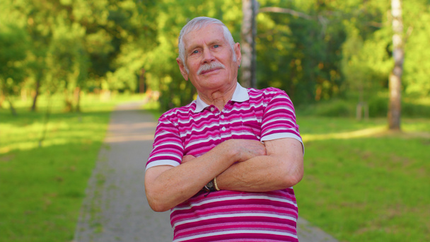 Feliz abuelo viejo y encantador de pelo gris en una camiseta roja casual en el fondo del parque de verano - Foto, Imagen