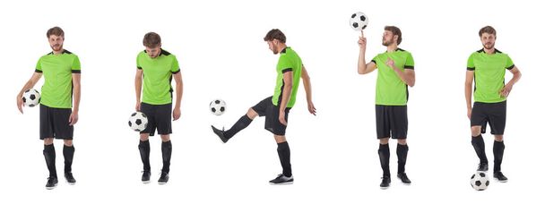 Set of Man playing football soccer isolated on white background, green jersey uniform - Foto, immagini