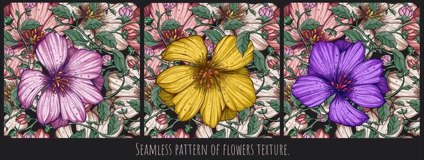 Płynne wzory tekstury sztuki kwiatów i liści ręcznie projekt rysunku. - Wektor, obraz