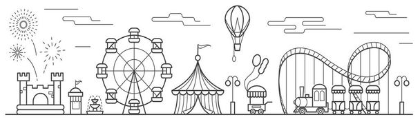 Panorama of an amusement park with a ferris wheel, circus, rides, balloon, bouncy castle. Landscape of urban park. Outline vector illustration - Vector, Image