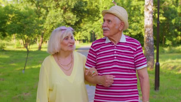 Старшие старые стильные туристы пара бабушка, дедушка, гуляющий и разговаривающий в летнем парке - Кадры, видео