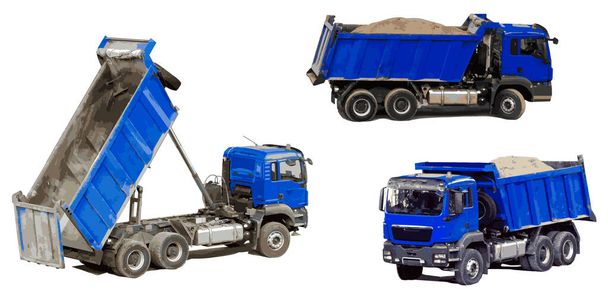 Dump trucks for the transport of bulk materials in the construction industry. In profile, at an angle, with the body raised. Dump trucks isolated on white background. Illustration. Vector, eps10. - Vector, Image