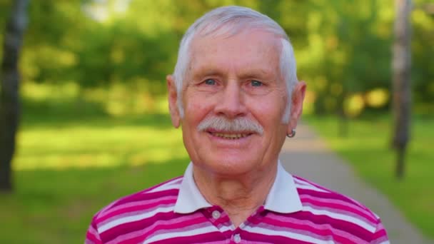 Heerlijk vrolijke senior oude grijs-harige grootvader in casual rood t-shirt op zomer park achtergrond - Video
