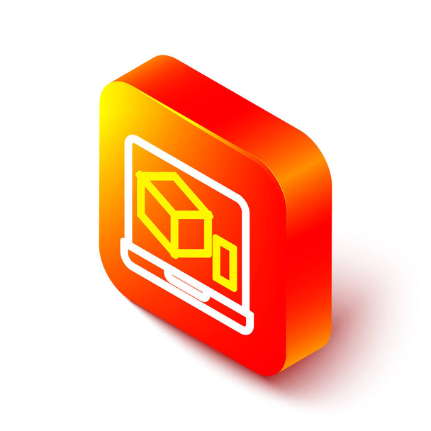 Icono de impresora 3D de línea isométrica aislado sobre fondo blanco. impresión 3d. Botón cuadrado naranja. Vector - Vector, Imagen