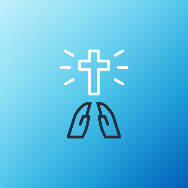 Line Hands in praying position icon isolated on blue background. Prayer to god with faith and hope. Colorful outline concept. Vector - Vector, Image
