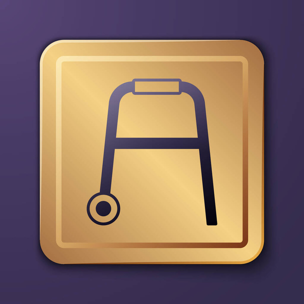 Пурпурний Уокер для ікони інвалідів ізольований на фіолетовому тлі. Золота квадратна кнопка. Вектор. - Вектор, зображення