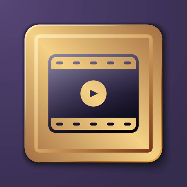 Purple Play Icono de vídeo aislado sobre fondo púrpura. Señal de tira de película. Botón cuadrado dorado. Vector. - Vector, Imagen