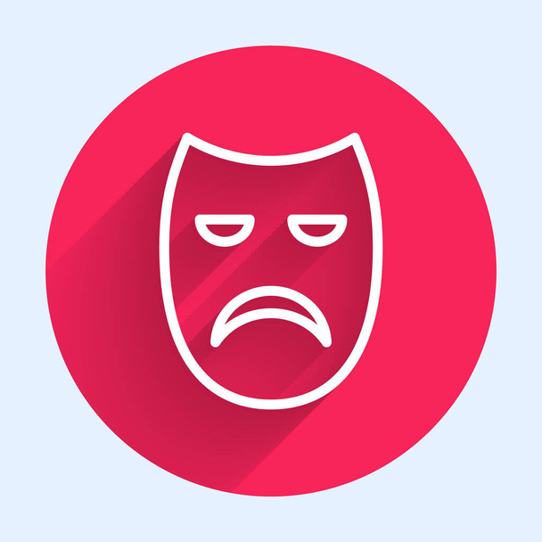 White line Drama theatrical mask icon isolated with long shadow. Red circle button. Vector. - Vector, Image