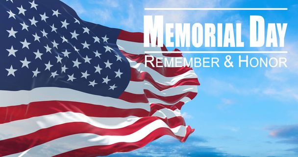 USA flag. Flag of United States of America being waved in the breeze against a sunset sky and the text Memorial Day, Remember and honor. 3d illustration. - Фото, зображення