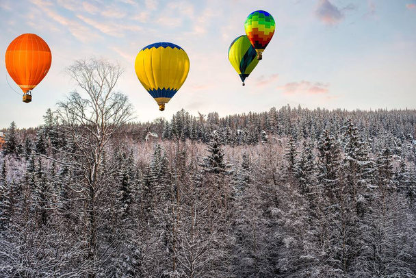 balloon flies into the sky, winter landscape from a height of  - Φωτογραφία, εικόνα