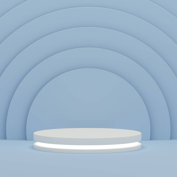 Podium met licht op blauwe cirkels patroon achtergrond voor tentoonstelling display product. Leeg podium platform. 3D-weergave. - Foto, afbeelding