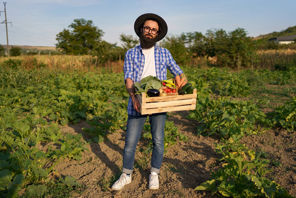 Фермер держит коробку с овощами. Осенний сбор. - Фото, изображение