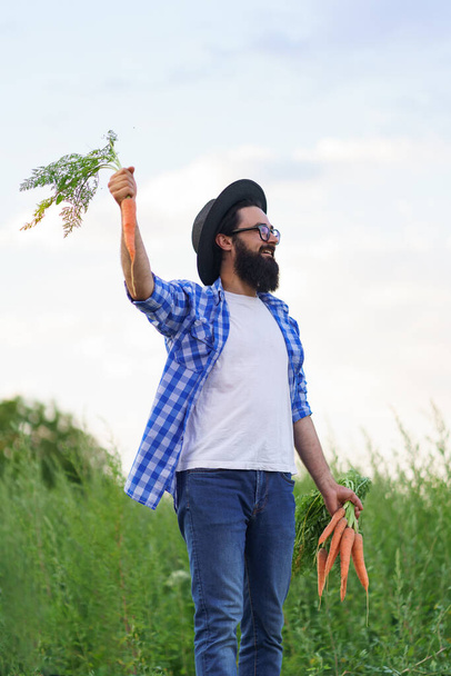 Feliz hombre sosteniendo un montón de zanahorias en sus manos - Foto, Imagen