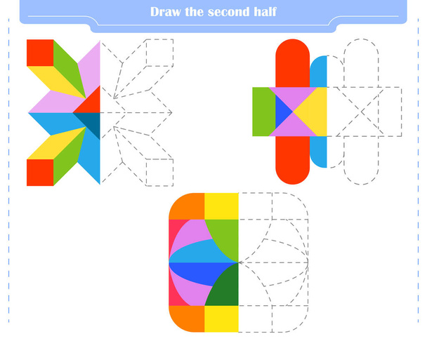 Educational game for children. Circle and color the second part of the shapes. - Vector, Imagen